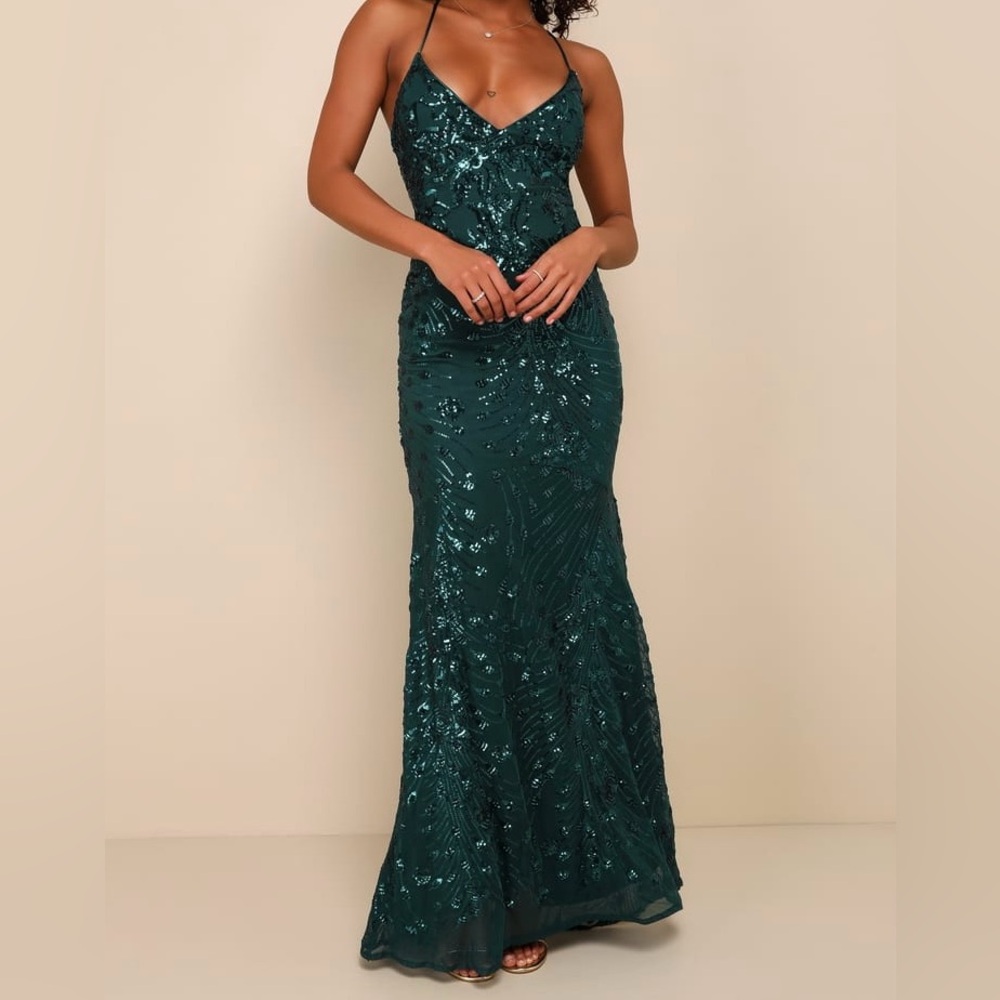 Lulu’s Photo Finish Forest Green Sequin Lace-Up Maxi Dress Size Small